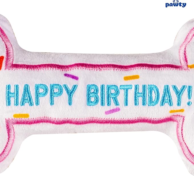 Birthday Bone Interactive Dog Toy - Interactive Tug Rope Pet Toy - Cute Unique Design Party Birthday Gift - Small Medium Puppy - Durable Chew Resistant Plush with Squeaker for Teething (Pink)