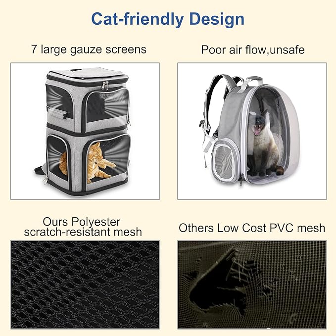 Expandable Cat Backpack Carrier for 2 Cats, Dog Backpack for 2 Small Pets Dogs, Cat Carrier for Large Cats Multiple Pets, 7 Windows ventilation, Built-in Frame Support Plate and Safety Straps Foldable
