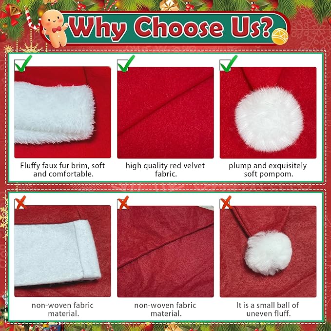 10Pcs Santa hats bulk, Christmas Hat bulk for Adults, Gorros De Navidad for women and men, Classic Plush Fluffy for Xmas New Year Party Decorations