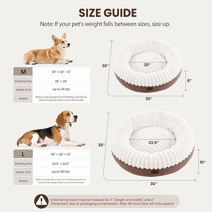 Donut Dog Bed Medium Size Dog, Round Cat Beds for Small Medium Dogs and Cats with Washable Fluffy Faux Fur, Cute Comfort Pet Bed with Anti-Slip Bottom, Cream, 36"
