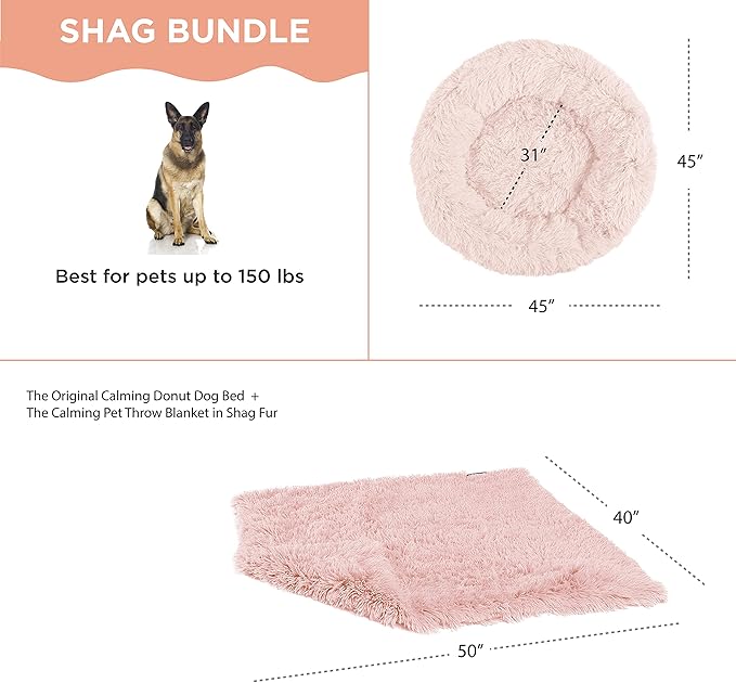 Best Friends by Sheri Bundle Set The Original Calming Shag Donut Cuddler Cat and Dog Bed + Pet Throw Blanket Cotton Candy Pink Extra Large 45" x 45"