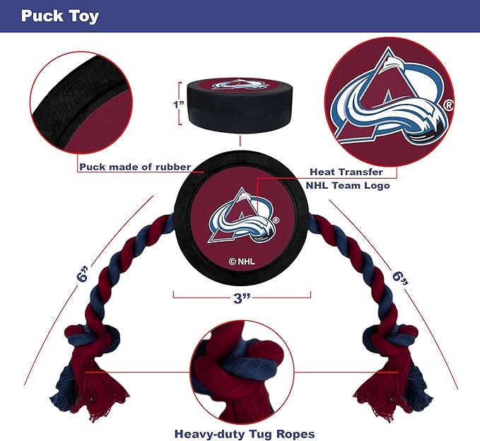 Pets First Dog Rubber Toy with Heavy-Duty Rope Tug, NHL Colorado Avalanche Puck Toy for Dogs & Cats - Play Hockey with Your Pet!
