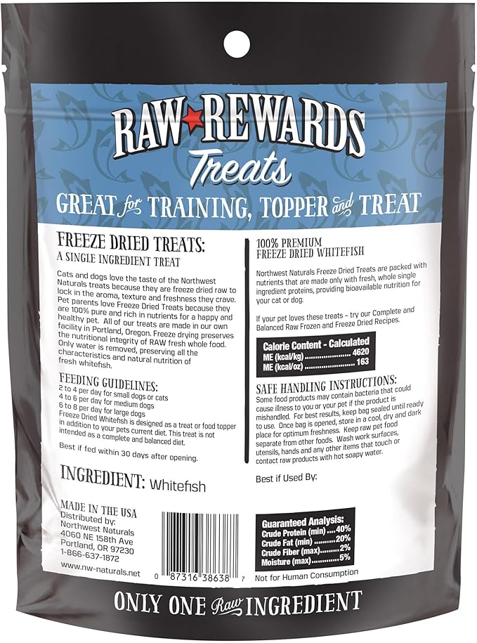 Northwest Naturals Raw Rewards Freeze-Dried Whitefish Treats for Dogs and Cats - Bite-Sized Pieces - Healthy, 1 Ingredient, Human Grade Pet Food, All Natural, Proudly Made in USA, 2.5 Oz (Pack of 3)