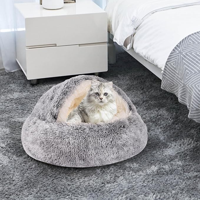 Round Hooded Cat Bed & Dog Bed with Cover Cave, Dog Bed for Small Dogs, Faux Fur Cuddler Round Coved Cat Bed Self Warming Donut Dog Bed Fits up to 5 lbs Pets (Gray, 16inch x 16inch)