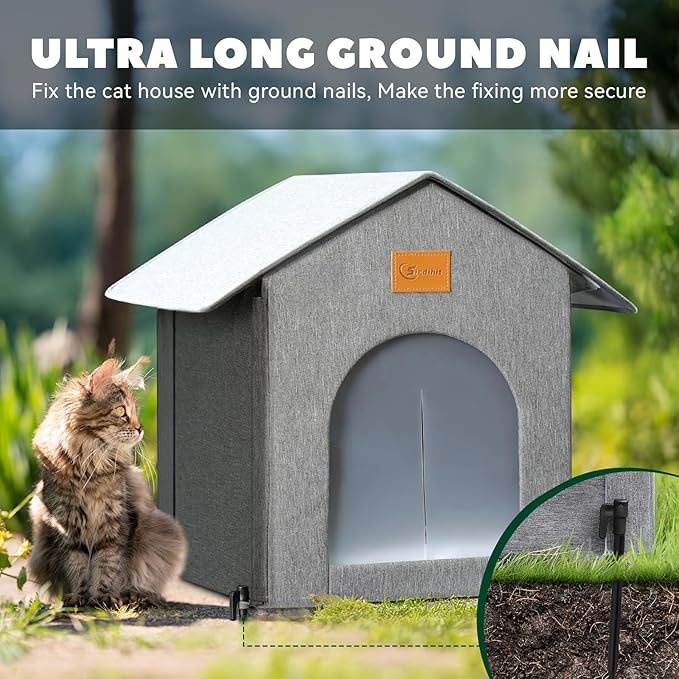 Outdoor Cat House Feral Cat Shelter,Outside Waterproof Cat House for Outdoor/Indoor Cats, Insulated Cat Bed for All Seasons with Cozy Cushion Easy to Assemble (Grey, Floor Spike Style)
