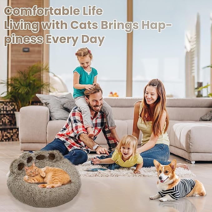 Calming Dog Bed Cat Bed Medium Size Dog - Donut Washable Medium Pet Bed, Warm Kitten Nest 24 inches Anti-Slip Round Fluffy Plush Faux Fur Cat Bed, Fits up to 25 lbs Pets, (Premium Brown)