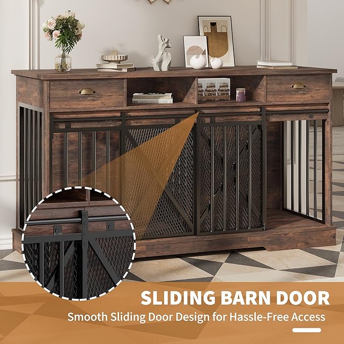 Double Dog Crate Furniture, 63” Large Dog Kennel Furniture with Divider and Sliding Doors, Heavy Duty Dog Kennel Furniture with Drawers and Shelves for Living Room, Retro Brown