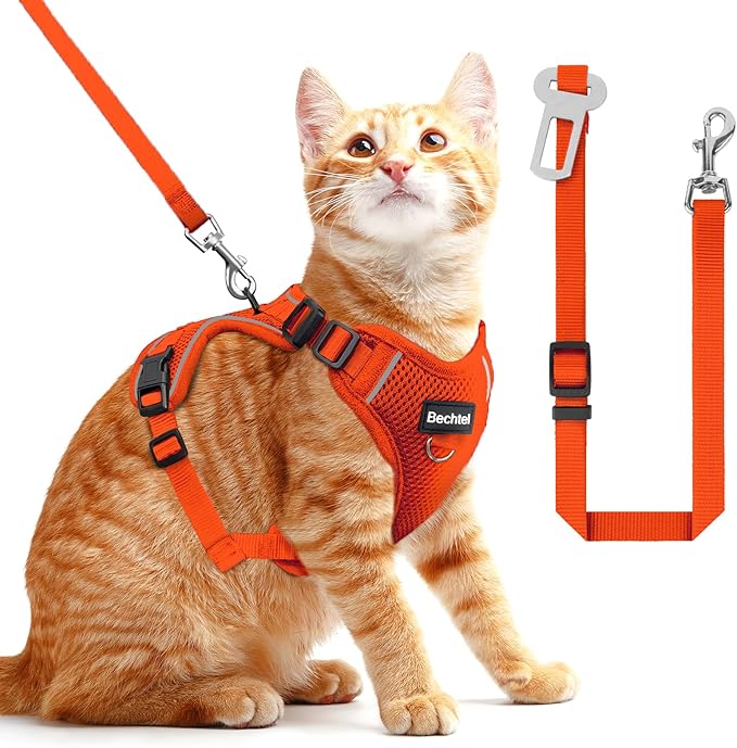 Cat Harness and Leash for Walking, 3 in 1 Adjustable Breathable Soft, Easy to Control Reflective Cat Harness Escape Proof, Cat Products, Orange, S