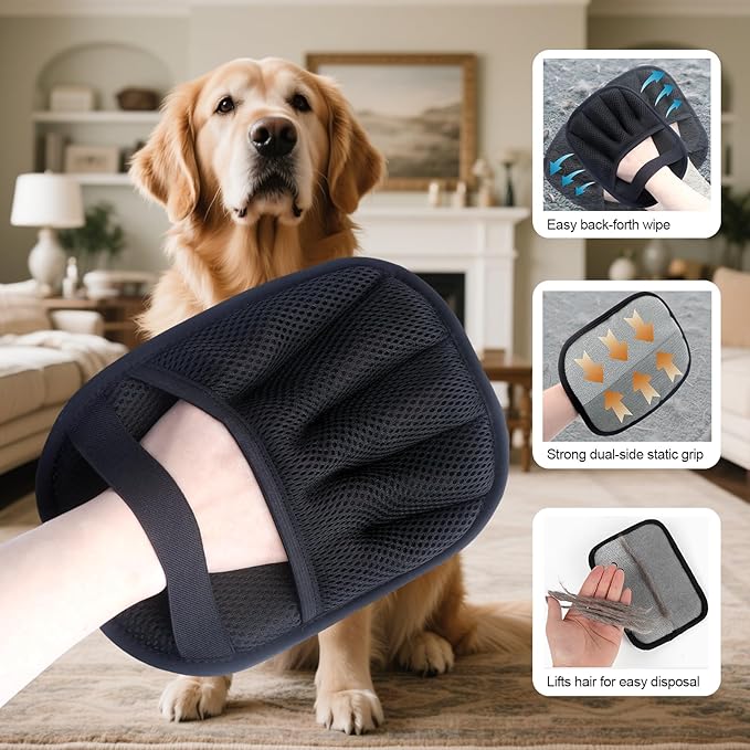 2Pcs Pet Hair Removal Glove for Cats & Dogs, with 2Pcs Toothbrush, Upgraded Five-Finger Electrostatic Pet Hair Gloves, Washable Reusable Pet Hair Remover Tool for Clothing, Couch, Carpet, Car Seat
