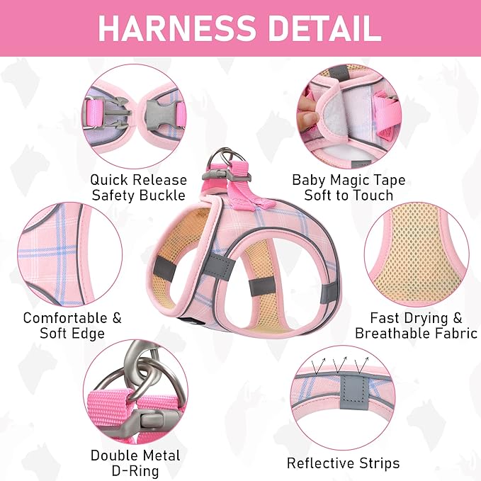 GAMUDA Small Dog Harness Collar and Leash Set, Step in No Chock No Pull Soft Mesh Adjustable Dog Vest Harnesses Plaid Reflective for Dogs Puppy Cats Kitten Rabbit (Pink, S)