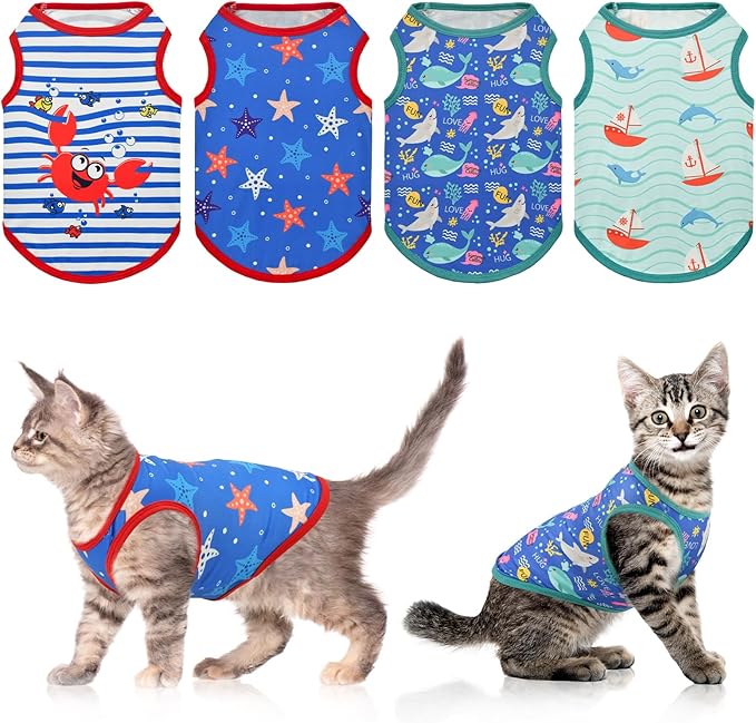 4-Pack Dog Ocean Style Shirts Puppy Summer Tank Tops Cute Ocean Animals Sailboat Pattern Outfits for for Small Dogs Boy Girl Dog Cooling Clothes for Small Medium Dogs XS