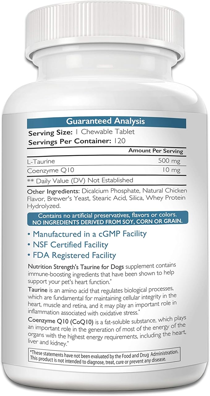 Taurine for Dogs, Support for a Healthy Heart Function, Resist Inflammatory Diseases, with Coenzyme Q10 to Help Manage Heart Failure and DCM in Dogs, 120 Chewable Tablets