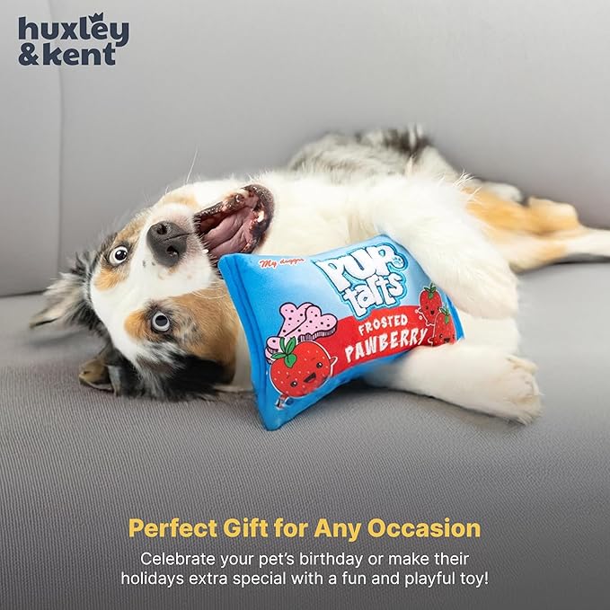 Huxley & Kent Funny Dog Toy w/Squeaker – Power Plush Squeaky Dog Toys for Small, Medium & Large Dogs – Soft Stuffed Animal for Indoor Play & Fetch - Pup-Tarts Frosted Pawberry, Small