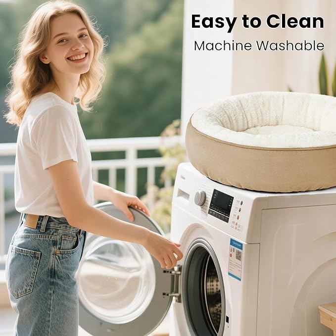 Love's cabin Round Donut Cat and Dog Cushion Bed, 30in Pet Bed for Medium or Large Dogs, Anti-Slip & Water-Resistant Bottom, Soft Durable Fabric Pet beds, Washable Calming Cat & Dog Bed Camel