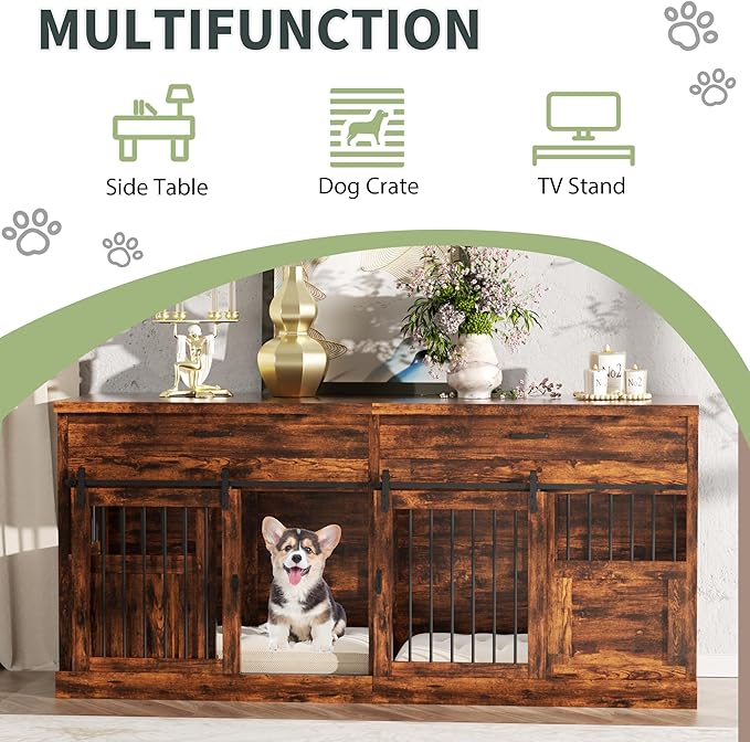 70.9" Dog Kennel Indoor Large, Wooden Farmhouse Dog Crate Furniture with with Divider, Furniture Dog Crate Large Dog