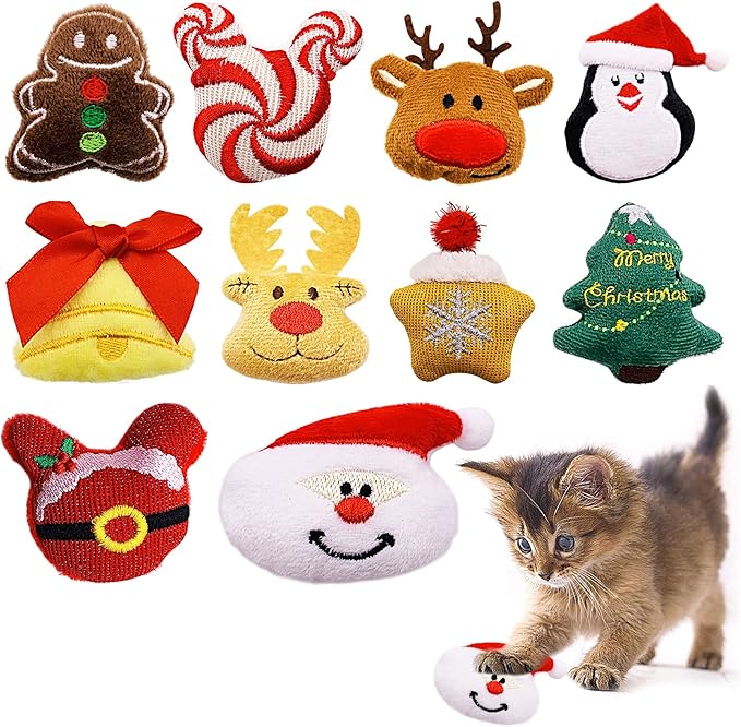 10 Pcs Christmas Cat Catnip Toys for Indoor Cats Interactive Xmas Plush Stuffed Kitten Chew Bite Kick Toys Kitty Playing Relieve Stress Cat Lovers