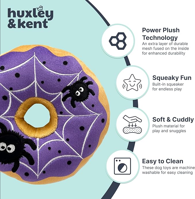 Huxley & Kent Halloween Funny Dog Toy w/Squeaker – Power Plush Squeaky Dog Toys for Small, Medium & Large Dogs – Soft Stuffed Animal for Indoor Play & Fetch - Spiderweb Donut, One Size
