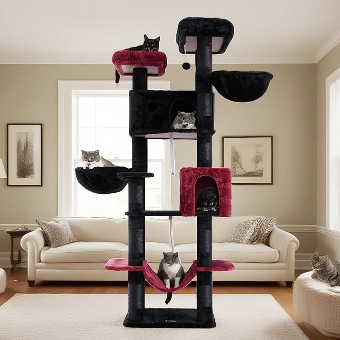 80.7''(205cm) Cat Tree for Indoor Cats, Large Cat Tower for Multi Adult Cats, Cat Tree House with Big Hammock, 2 Top Perches/Cat Condos/Baskets, 8 Scratching Posts, Black(Gothic) GCT034BR