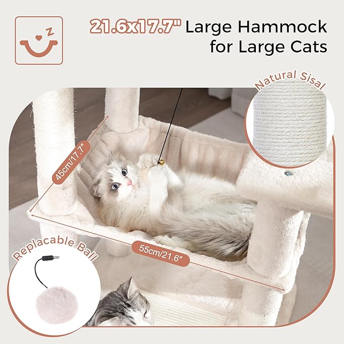 54” Cat Tree with Big Hammock 21x17” Adult Cat Tower with Scratching Posts Featuring Large Top Bed, Scratcher Pad, Spacious Condo House and Detectable Ball for Indoor Cats-Large Beige