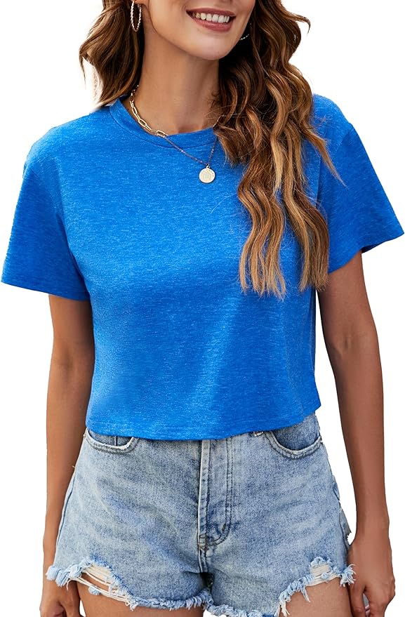 Womens Summer Crop Tops Short Sleeve Round Neck T-Shirts Loose Fit Casual Blouse