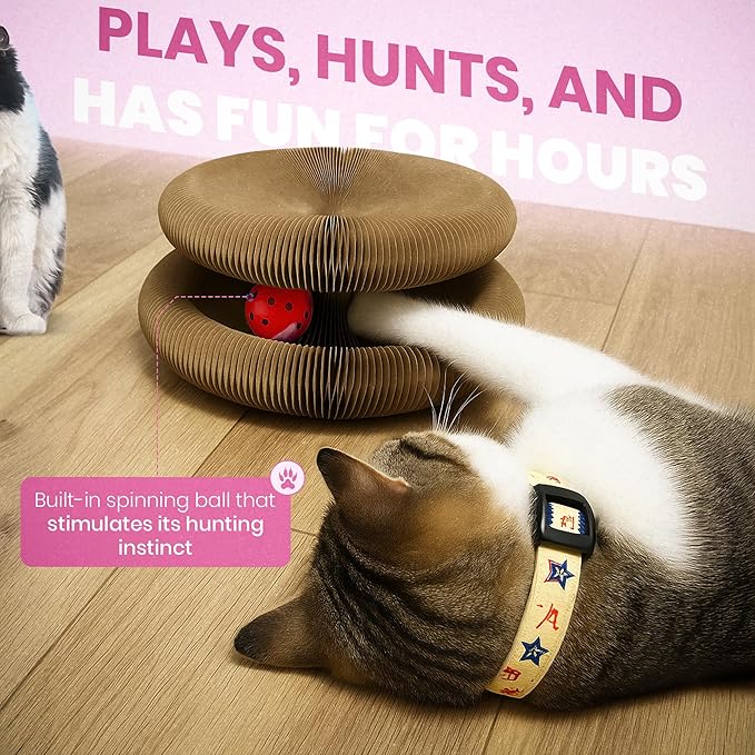 Fin & Jacky Magic Organ Cat Scratcher Board Toy, Upgraded Magnets & Durable High-Density Cardboard for Stability, Eco-Friendly, Kitty Kurlz Round Cat Scratcher, Interactive Indoor Playboard