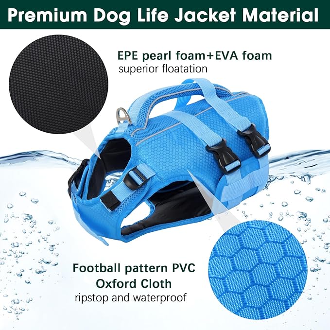 Kuoser Dog Life Jacket High Flotation, Reflective Dogs Life Vest for Swimming Boating, Adjustable Small Medium Large Dog lifejacket, Lightweight Dogs Life Preserver Rescue Handle Spring Summer Pool