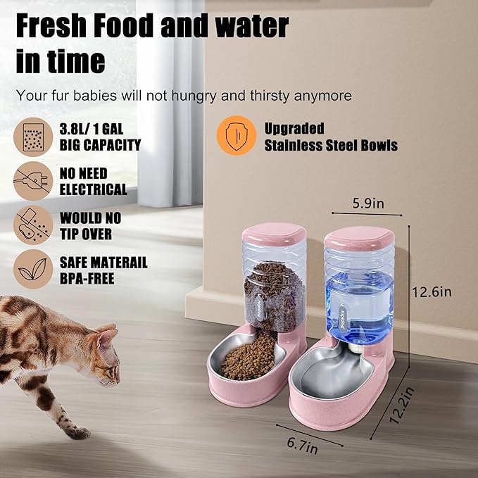 Stainless Steel Automatic Pet Feeder for Small&Medium Pets Automatic Food Feeder and Waterer Stainless Steel Bowls Set 3.8 L, Travel Supply Feeder and Water Dispenser for Dogs Cats Pets Animals