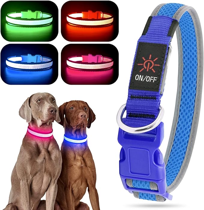 YFbrite Light up Dog Collar, USB Rechargeable LED Puppy Collar Super Bright Adjustable Glowing Dog Lights for Night Walking (Blue, Medium)