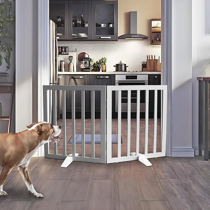 ZJSF Freestanding Indoor Dog Gate for House Foldable Wood Puppy Gate for Doorways Pet Gate for Stairs Extra Wide Pet Fence, Grey, 24" Height 2 Panels