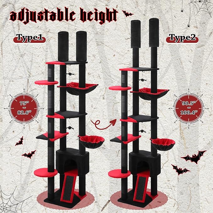 PEQULTI Tall Cat Tree, Floor to Ceiling Cat Tree Tower Adjustable [90.5''-100.4''=230-252CM] with Cat Condo, Hammock and Scratching Post, Gothic Cat Climbing Tree for Indoor Large Cats, Black