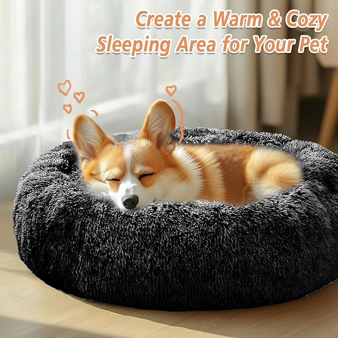 JOLLYVOGUE Calming Dog & Cat Bed for Small Dogs, Anti-Anxiety Donut Cuddler Cozy Soft Round Bed with Anti-Slip Bottom, Fluffy Faux Fur Plush Cushion Beds for Small Medium Pets (23")
