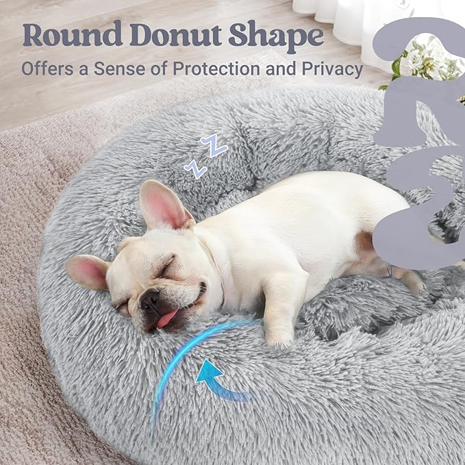 rabbitgoo Calming Dog Bed for Small Medium Dog, 27 inches Pet Bed Machine Washable, Non-Slip Round Fluffy Plush Faux Fur Dog Bed, Soft Donut Cuddler Cushion for Small Dog, Light Grey