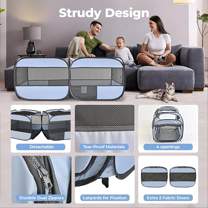 2-in-1 Pop Up Cat Playpen, Detachable into 2 Separate Pens with Additional Doors, Assembly-Free Portable Dog Crates Pet Pen Tent Kennel Kitten Puppy Enclosure Cage Indoor Outdoor Foldable Condo(S)