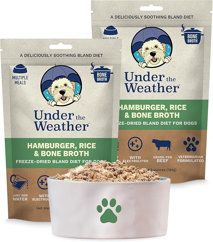 Under the Weather Bland Diet for Dogs | Easy to Digest for Sick Dogs | Always Be Ready | Contains Electrolytes - Natural Freeze Dried 100% Human Grade Meats| 2 Pack- Rice, Hamburger & Bone Broth - 6oz
