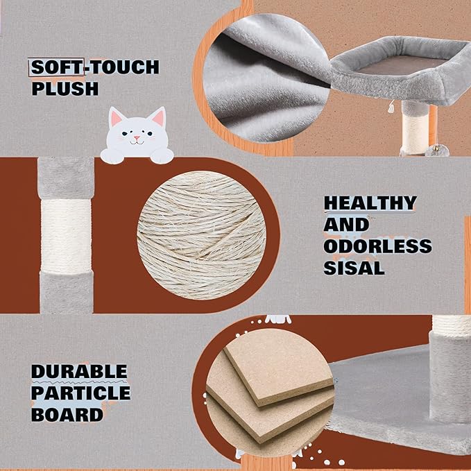 SHA CERLIN 73" Space-Saving Cat Tree/Multi-Level Tall Cat Tower with Perches/Scratching Posts/Condo & Hanging Baskets/Modern Fan-Shaped Design for Indoor Kitties/Pet Activity House/Grey