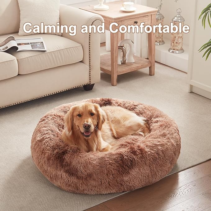 36 inches Donut Dog Bed for Large Dogs - Calming Fluffy Round Pet Bed with Removable & Washable Cover,Fits up to 100 lbs Pets (Tie-dye Brown,Large)