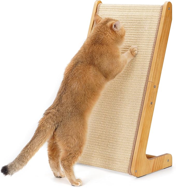 Avont Sisal Cat Scratcher, 25.6 Inch Vertical L Shape Scratching Board with 110° Angled Ramp, Natural Solid Wood with No Mess Scratch Pad for Indoor Cats -Large