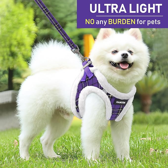 GAMUDA Small Dog Harness Collar and Leash Set, Step in No Chock No Pull Soft Mesh Adjustable Dog Vest Harnesses Plaid Reflective for Dogs Puppy Cats Kitten Rabbit (Warm Purple, L)