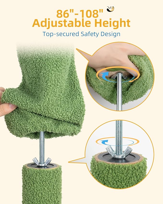 Cat Tree Floor to Ceiling with 18.9in Big Perch Bed and Condo for Large Adult Cats, 86in-108in Heavy Duty Cat Tower for Indoor Cat Pet, Cactus Green