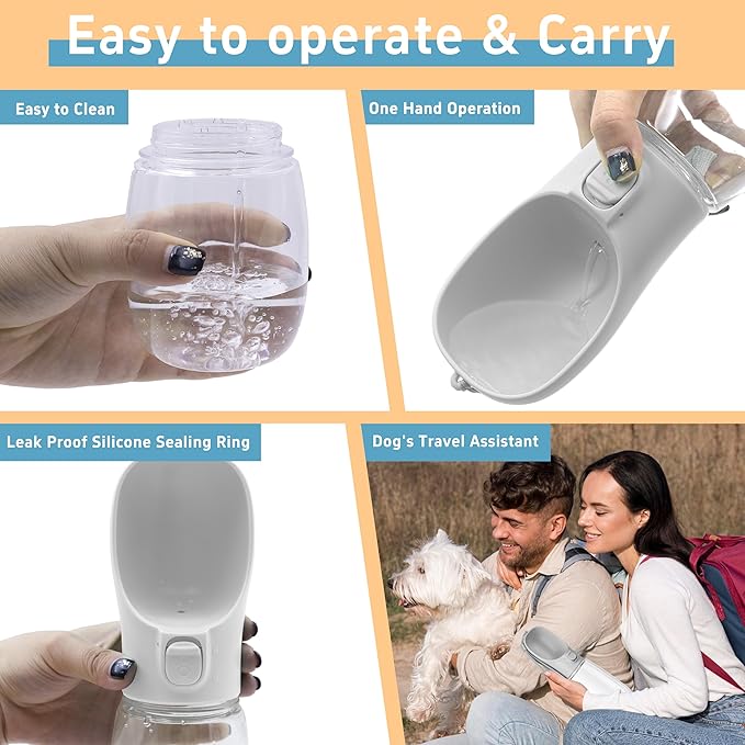 Portable Travel Dog Water Bottle with Bowl, Leak Proof, Convenient for Walking, Hiking and Camping (Gray, 12oz)