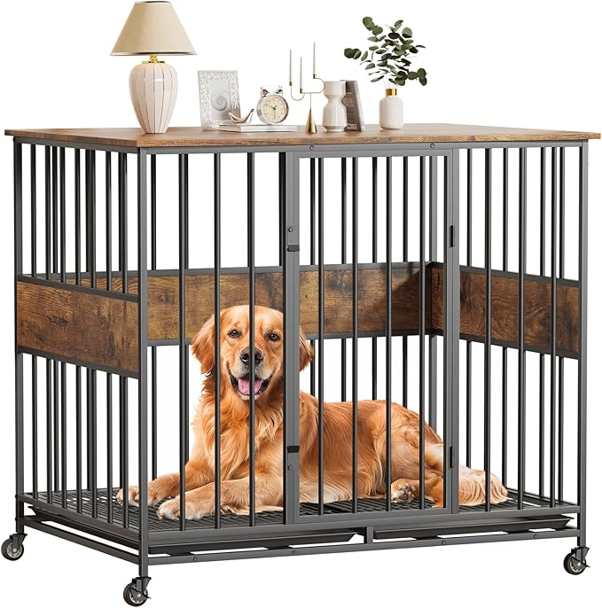 Dog Crate Furniture for Large Dogs, 42 Inch Indoor Large Kennel, Wooden Pet Cage Decorative Corner End Table with Caster Wheels & Double Removable Tray, Rustic Brown