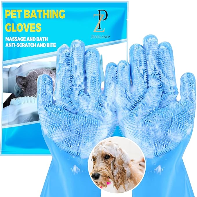 High-Density Silicone Pet Grooming Gloves with Enhanced Five Finger Design for Bathing, Massaging Dogs and Cats (Blue)