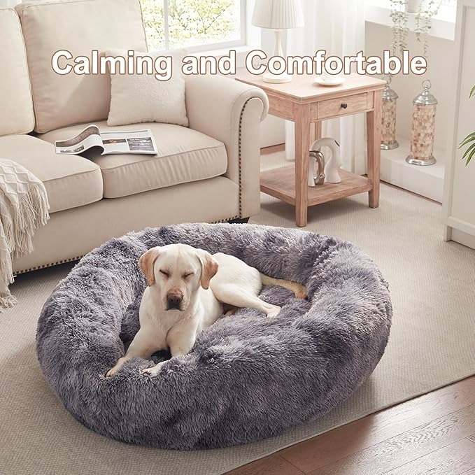 45 inches Donut Dog Bed for Extra Large Dogs,Calming Fluffy Round Jumbo Pet Bed with Removable & Washable Cover, Fits up to 150 lbs Pets (Tie-dye Grey,XL)