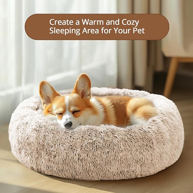 JOLLYVOGUE Calming Dog & Cat Bed for Small Dogs, Anti-Anxiety Donut Cuddler Cozy Soft Round Bed with Anti-Slip Bottom, Fluffy Faux Fur Plush Cushion Beds for Small Medium Dogs (23")