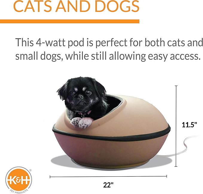 K&H Pet Products Thermo-Kitty Mod Dream Pod Heated Cat Bed for Large Cats, Indoor Heated Cat Cave, Thermal Cat Mat Hideaway for Small or Large Cats and Kittens 22 Inches Tan/Black