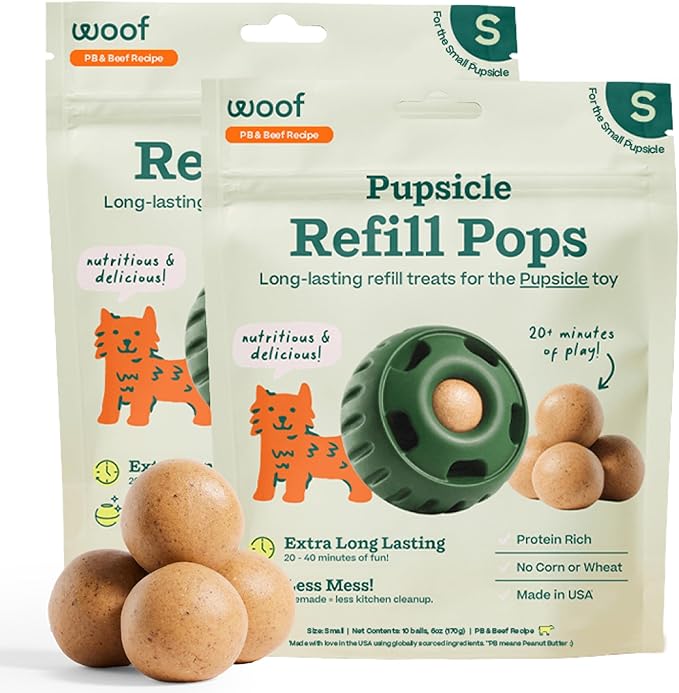 WOOF Pupsicle Refill Pops - Low-Mess Dog Snacks - with Peanut Butter and Beef - Dog Treats - Long Lasting - Small Pops - 10 Count - 2 Pack