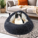 Calming Dog Beds & Cat Cave Bed with Hooded Cover,Washable Round Beds for Small Medium Pets,Anti-Slip Faux Fur Fluffy Coved Bed,Comfortable Warming Pet Bed(16 * 16inch,Dark Gray)