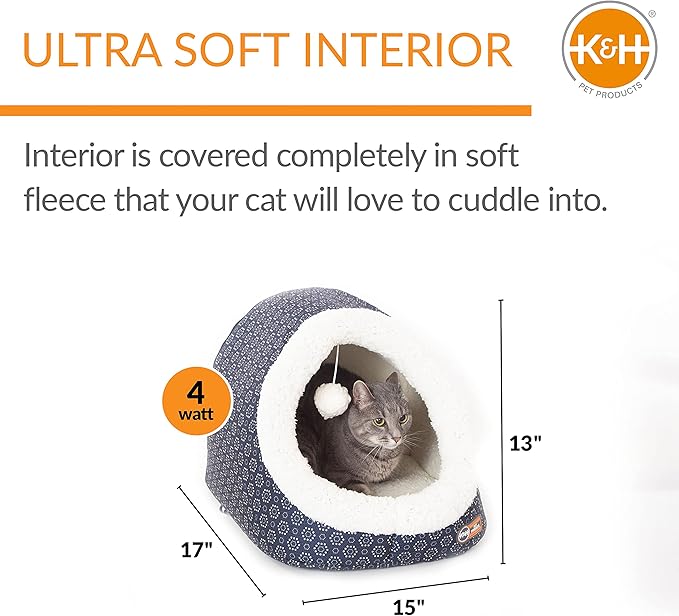 K&H Pet Products Thermo-Pet Cave Heated Cat Bed - Gray/Geo Flower 17 X 15 X 13 Inches