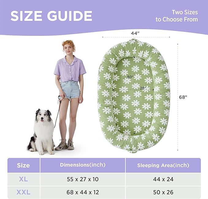 Lesure Human Dog Bed for Adult - Calming Human Size Dog Bed with Egg Foam Supportive Mat and Storage Pocket, Cute Modern Pet Beds with Jacquard Shaggy Plush & Anti Slip Bottom 55x37x10, Green