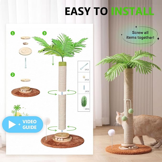 Cat Scratching Post for Space-Saving, 32'' Tall Cat Tree Post with Wooden Turntable Toy, Sisal Rope Cat Scratcher Post with 2 Interactive Ball for Indoor Cats and Kitten Climbing,Play & Rest